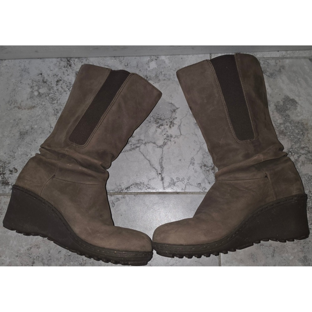 KEEN Akita Mid Wedge Brown Leather Slouchy Boots Womens 7.5 1007695